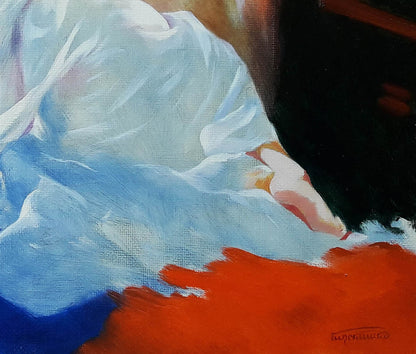 Oil painting portrait of sleeping girl by Vasily Korkishko with flowing white fabric