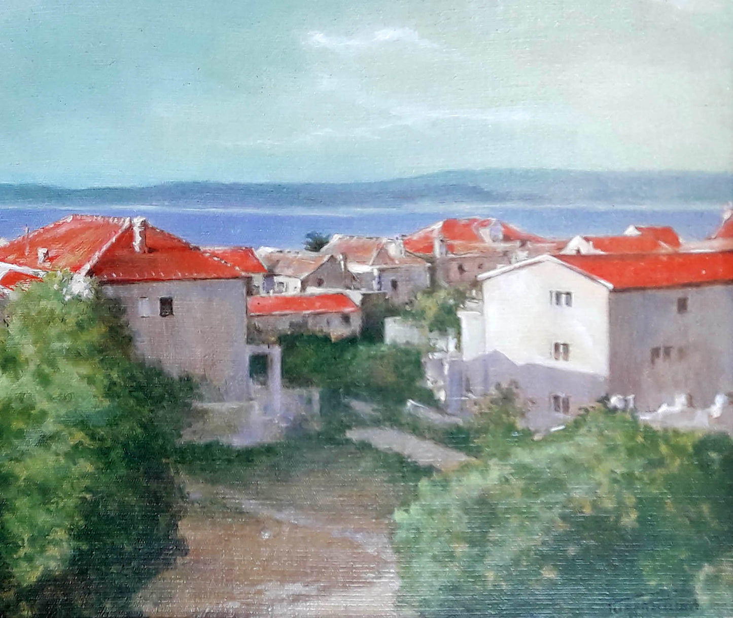 Oil painting by Korkishko Vasily: sunny coastal village with red roofs