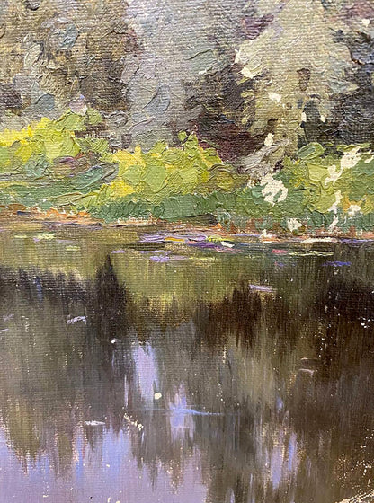 Oil painting Evening in the forest by Gorobec Pavlo serene pond foliage