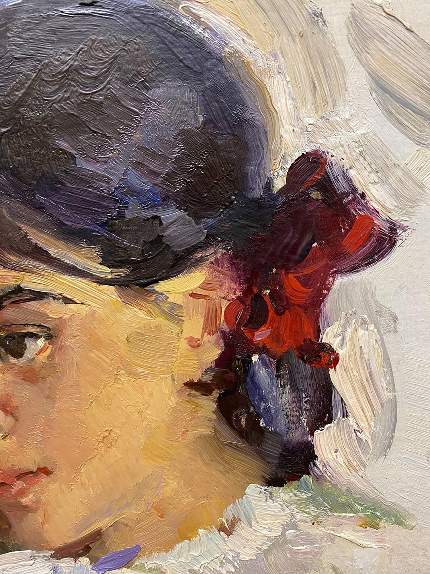 Textured oil painting portrait of girl with red bow by Leonid Mikhaylovich