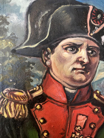 Oil painting portrait of Napoleon Alexander Arkadievich Litvinov in red coat and bicorne hat