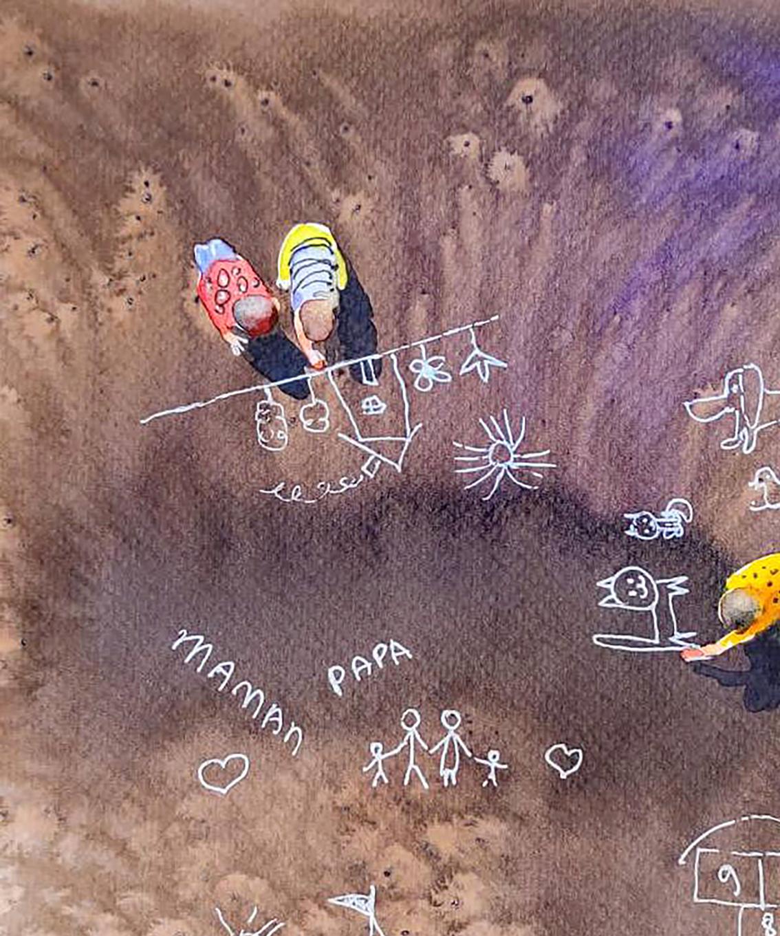 Whimsical watercolor Carefree Elena Klimenko child drawing of stick-figure family