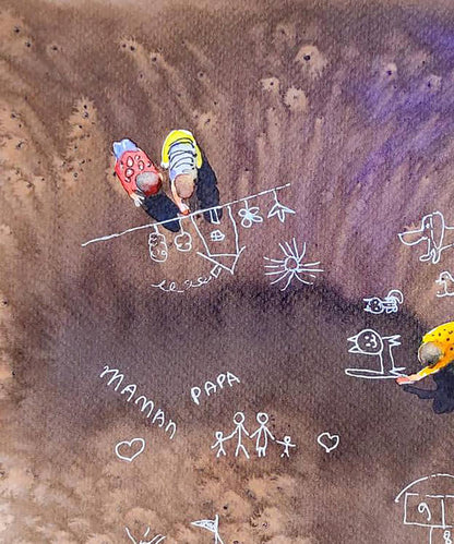 Whimsical watercolor Carefree Elena Klimenko child drawing of stick-figure family