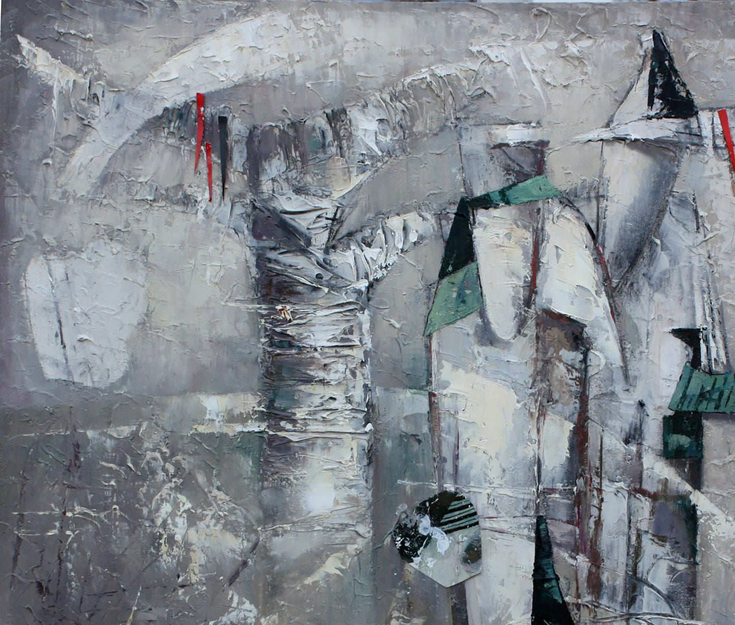 Oil painting White space by Valentina Alekseevna Kozyar with gray brushstrokes, red lines, green triangles