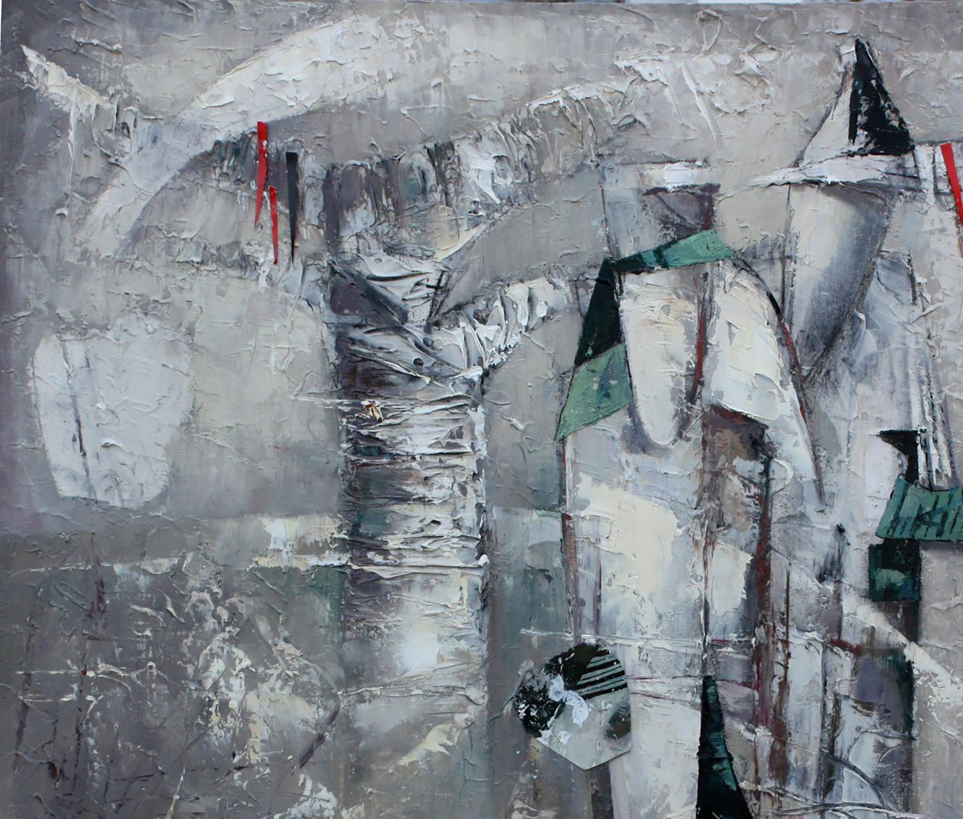 Oil painting White space by Valentina Alekseevna Kozyar with gray brushstrokes, red lines, green triangles