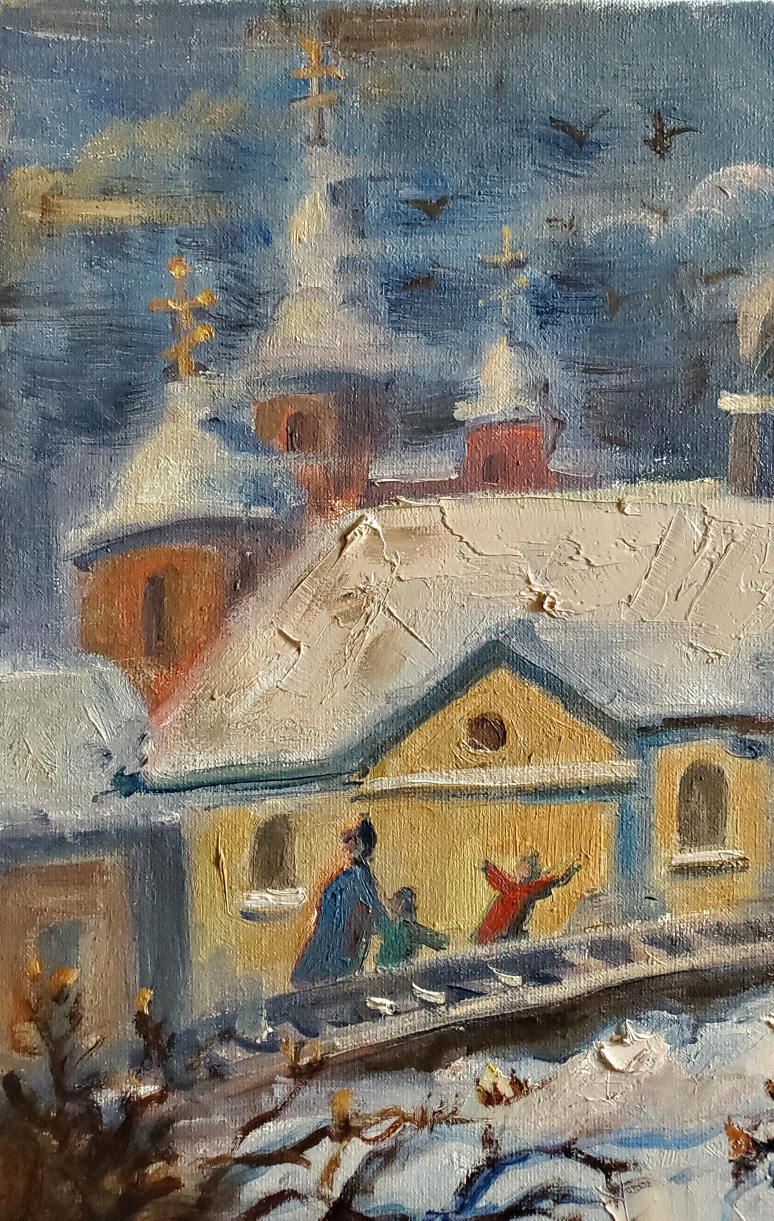 Oil painting by Litvinov Daniil Olegovich: Snowy domed church with golden crosses