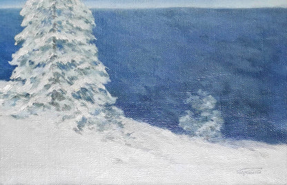Oil painting of snow-covered pine tree in winter mountains by Vasily Korkishko