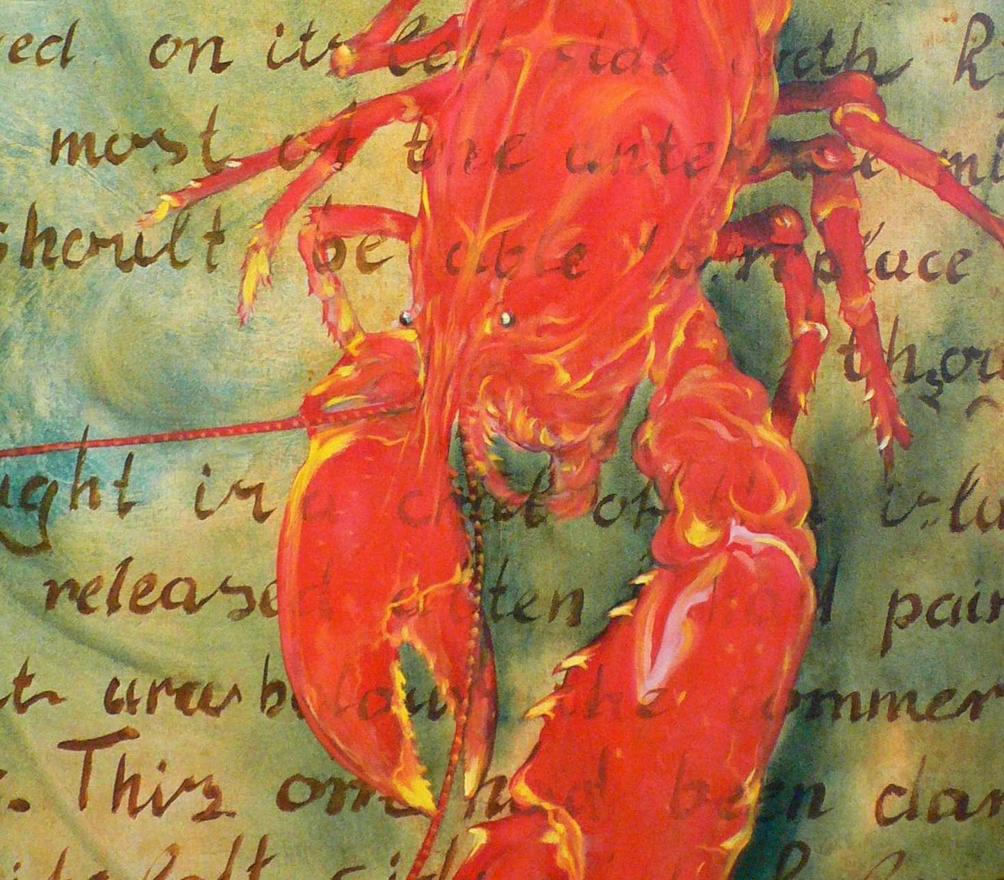Vibrant red lobster oil painting by Korkishko Vasily, glossy claws on green background
