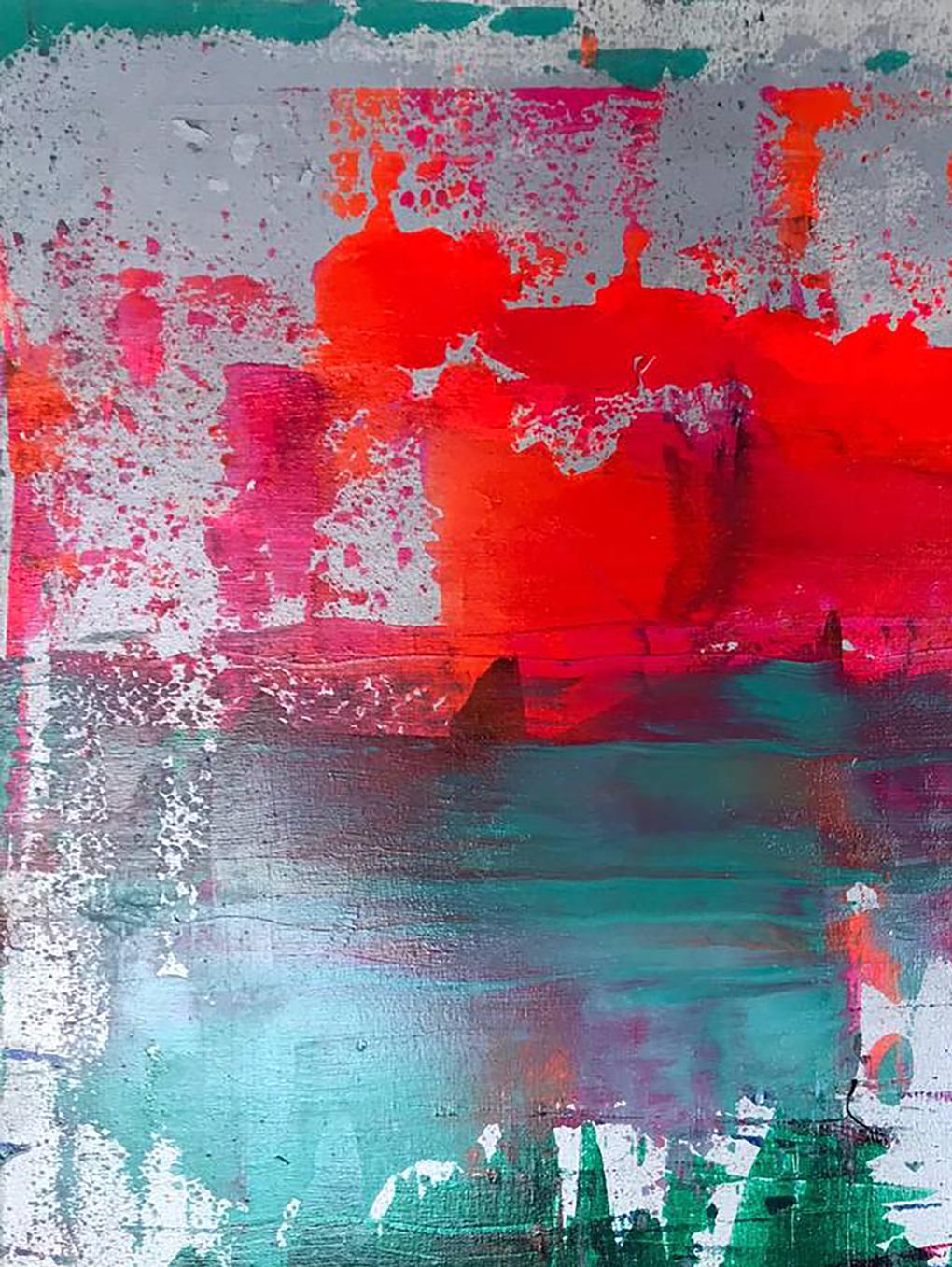 Vibrant Forest Lake acrylic painting by Melezhik Olga in reds, pinks, teal