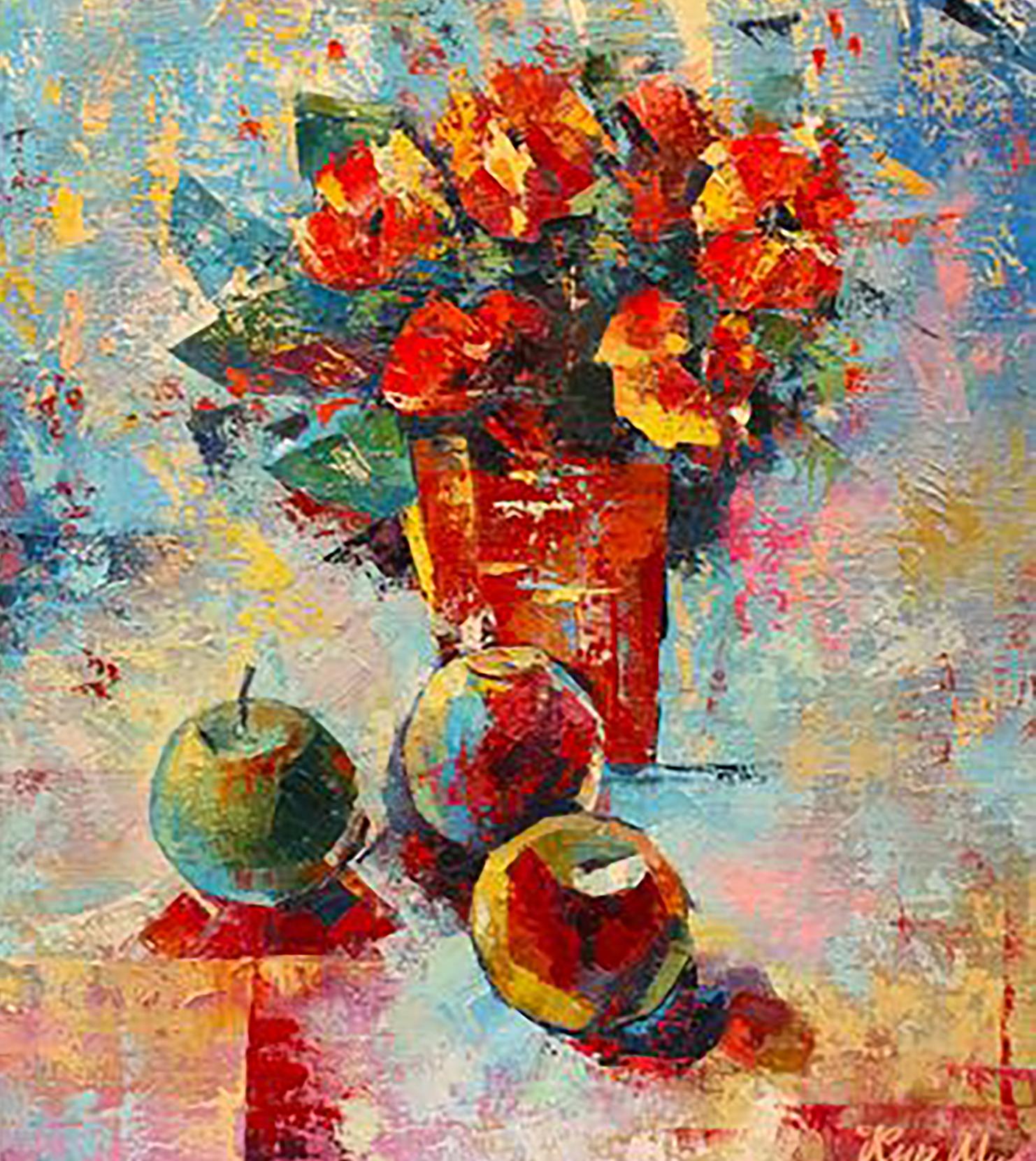 Oil painting Morning flowers by Kirilenko Mikhail: vibrant red orange flowers in textured vase