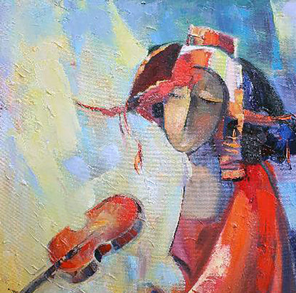 Vibrant oil painting by Kirilenko Ivan: woman in red-orange attire holds violin