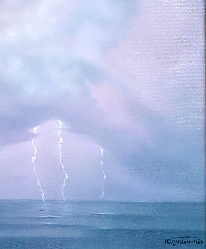 Serene oil painting Storm by Korkishko Vasily: lightning over calm ocean