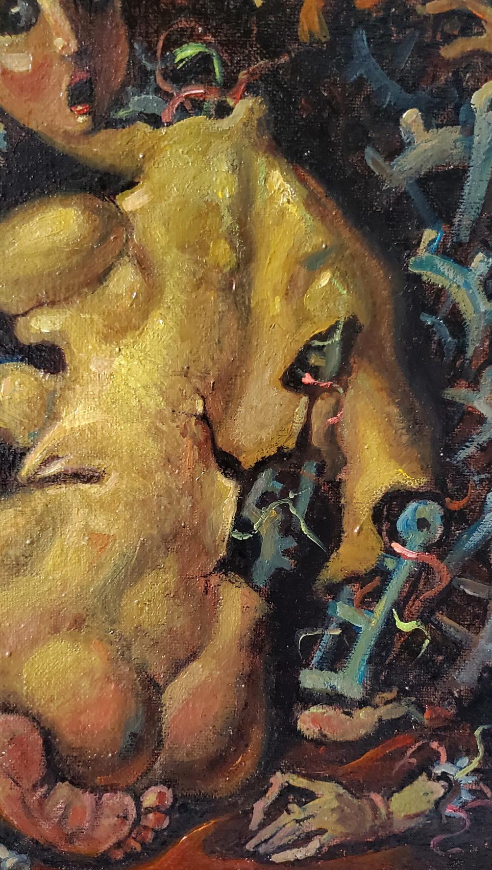 A textured, golden-yellow painted figure with exaggerated features and a surreal, abstract design.
