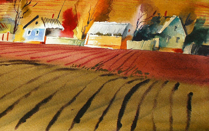 Watercolor painting October by Egor Shvachunov: rural landscape