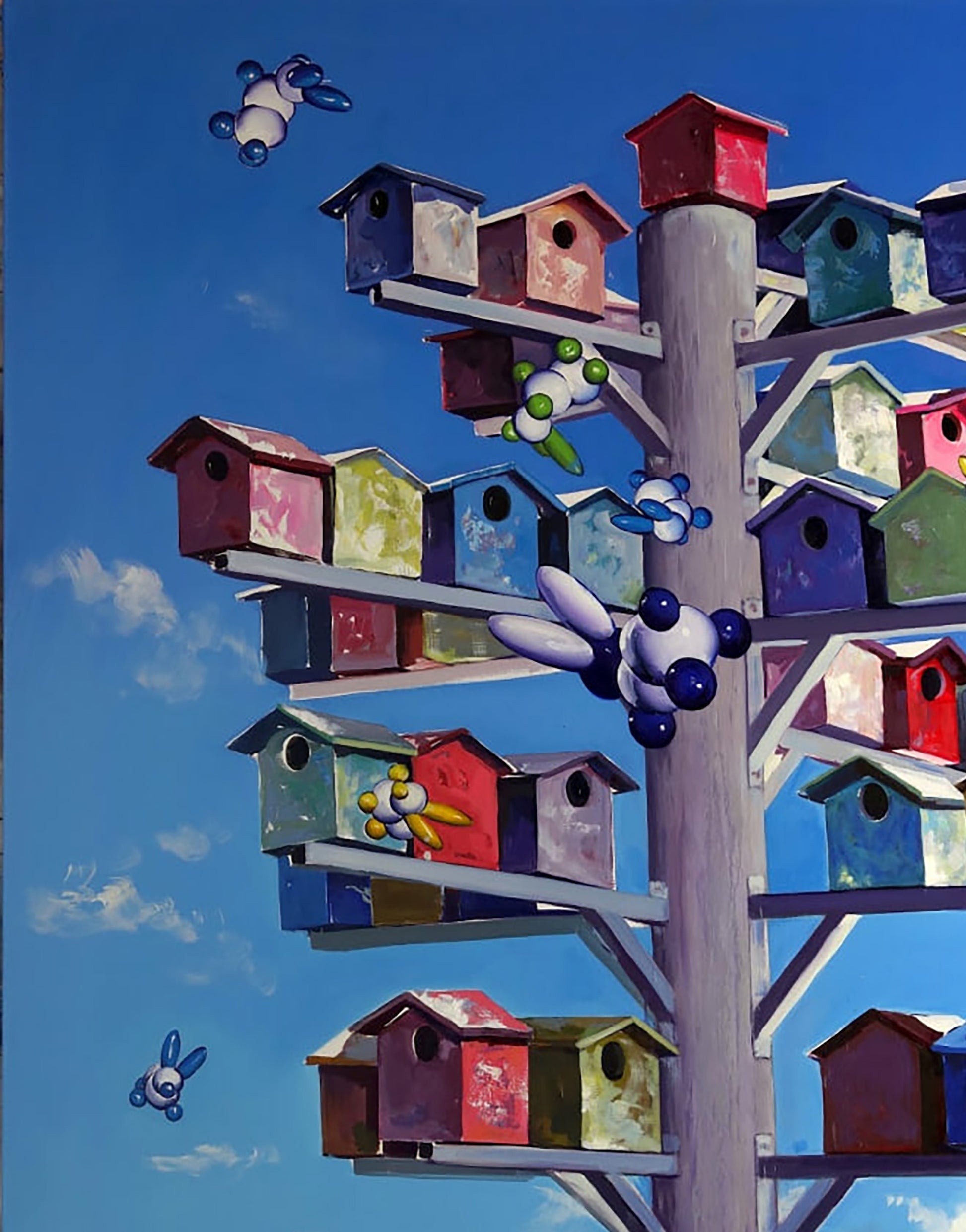 Oil painting Sacred station by Igor Konovalov: vibrant birdhouse tree