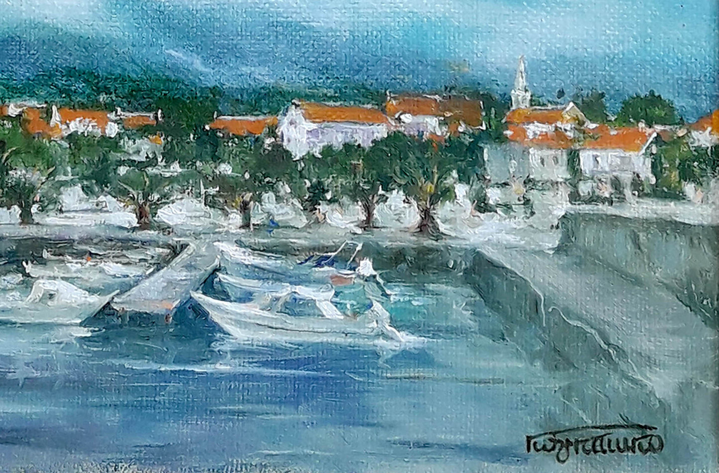 Oil painting by Vasily Korkishko: coastal resort town with white buildings, orange roofs, boats