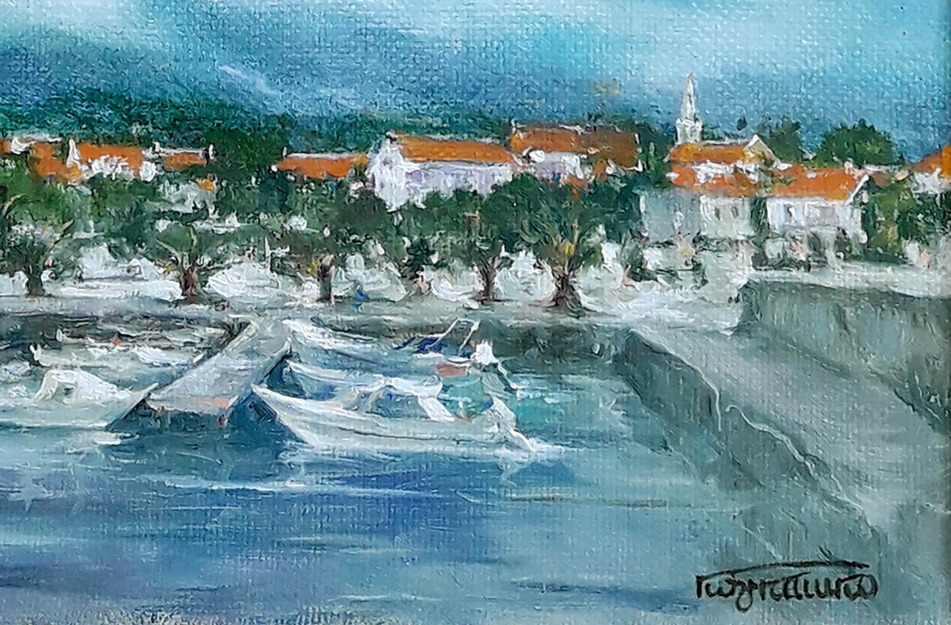 Oil painting by Vasily Korkishko: coastal resort town with white buildings, orange roofs, boats