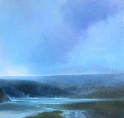 Serene blue misty coastal oil painting by Korkishko Vasily