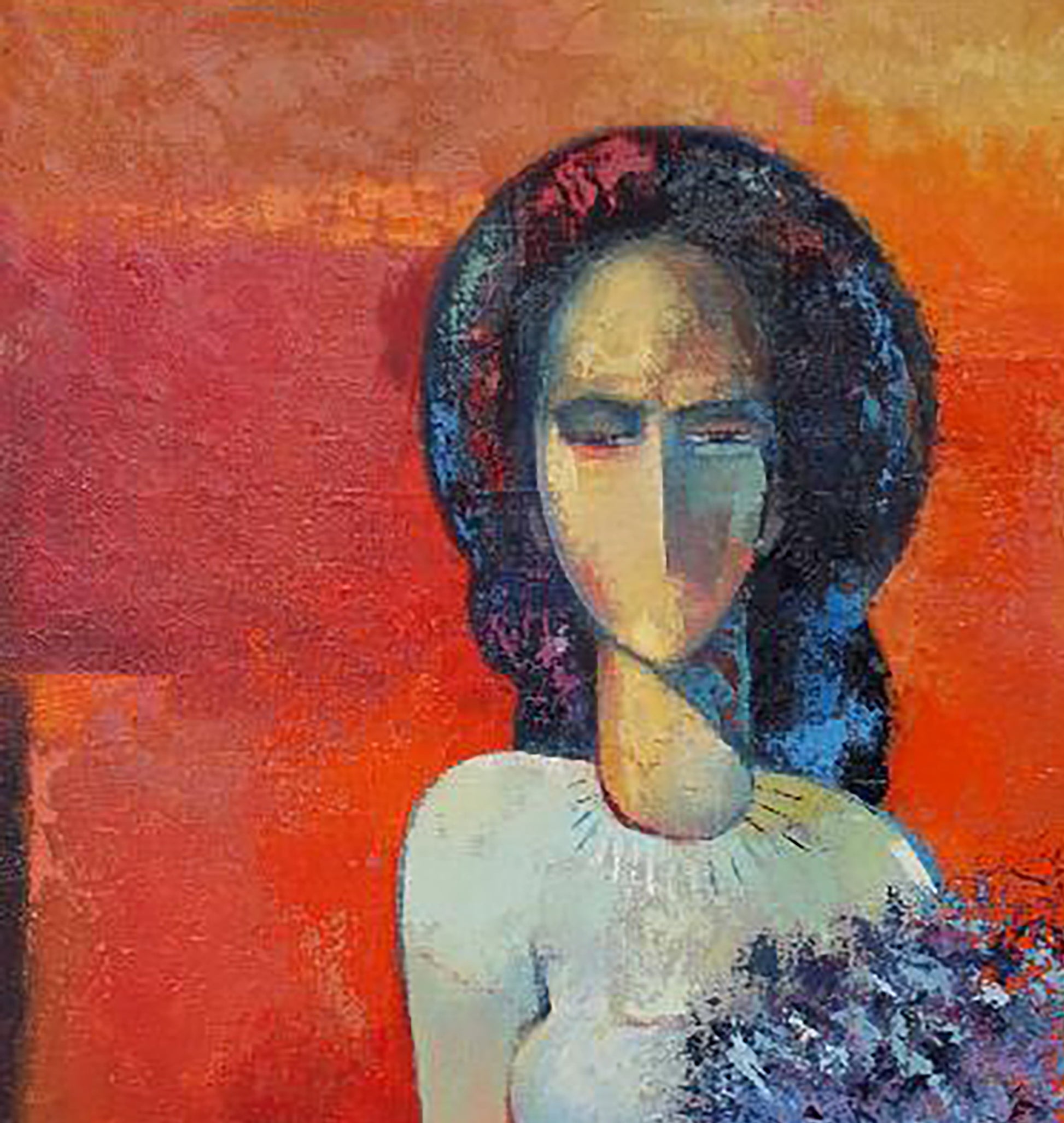 Abstract expressionist oil portrait by Kirilenko Mikhail, woman in warm orange-red tones