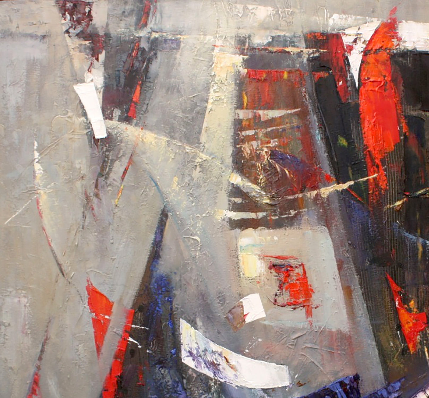Oil painting Evening by Valentina Alekseevna Kozyar with bold red, gray, black strokes
