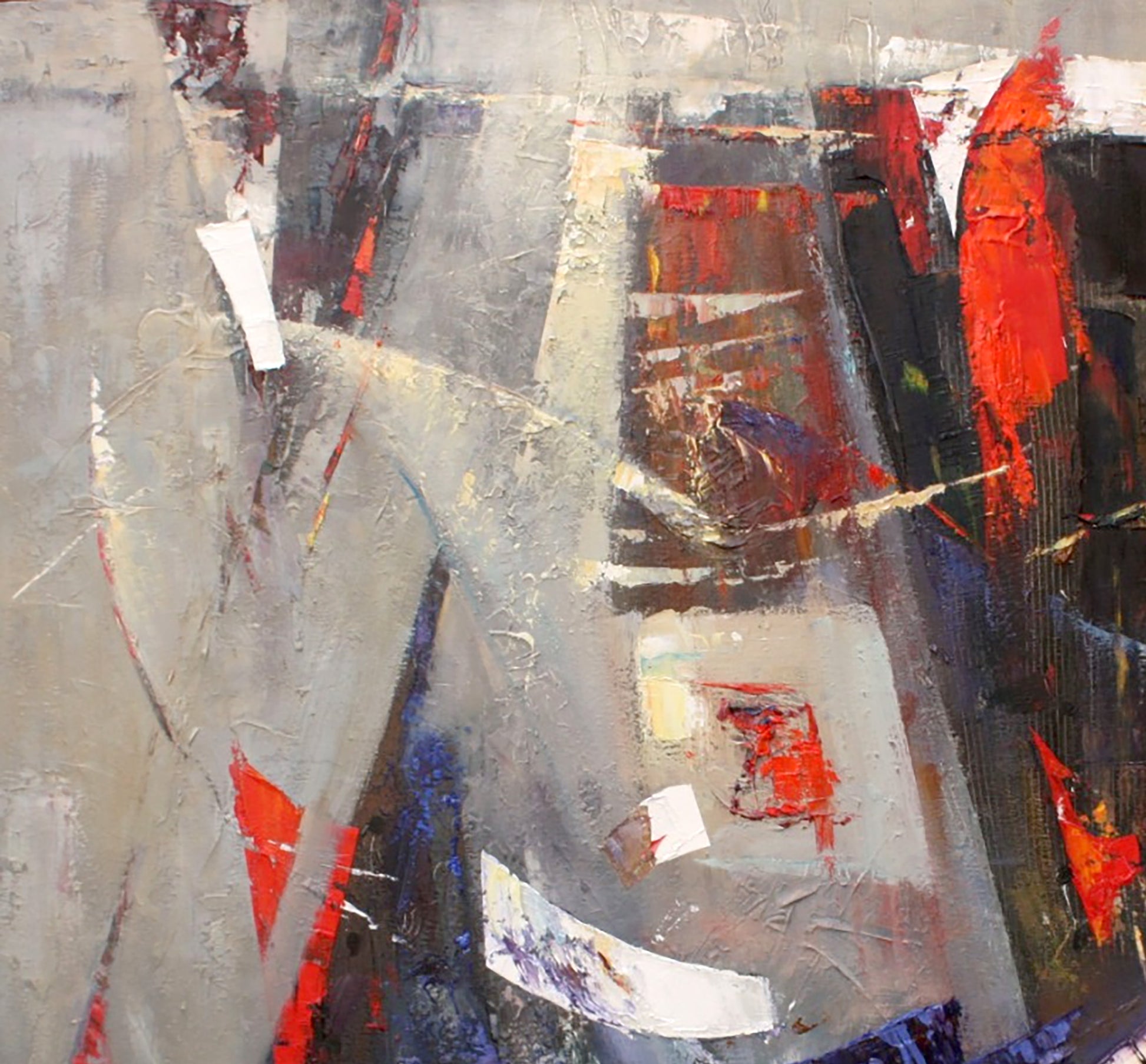 Oil painting Evening by Valentina Alekseevna Kozyar with bold red, gray, black strokes
