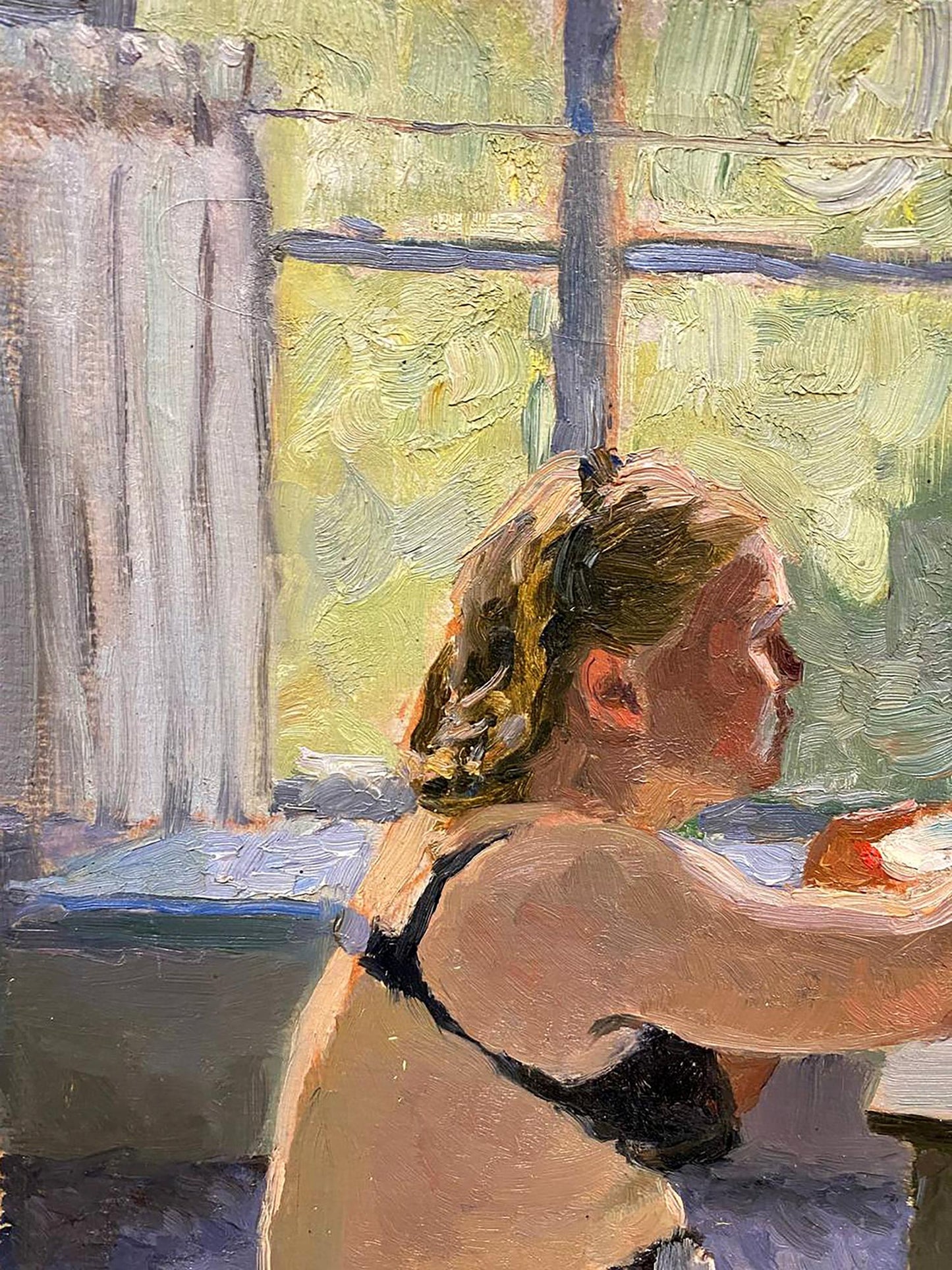 Oil painting by Tkachenko Evgeny Nikolaevich of blonde ponytail woman in black bralette