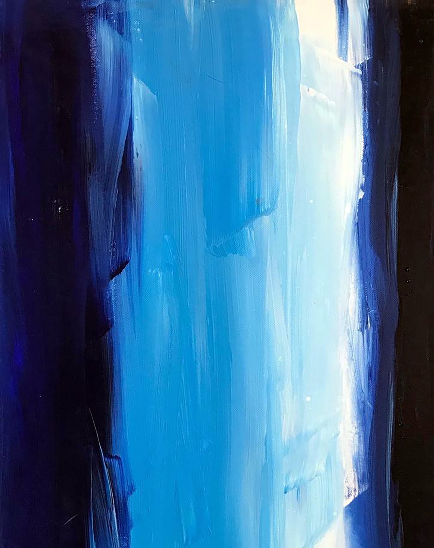 Waterfall abstract painting with navy to cyan vertical brushstrokes