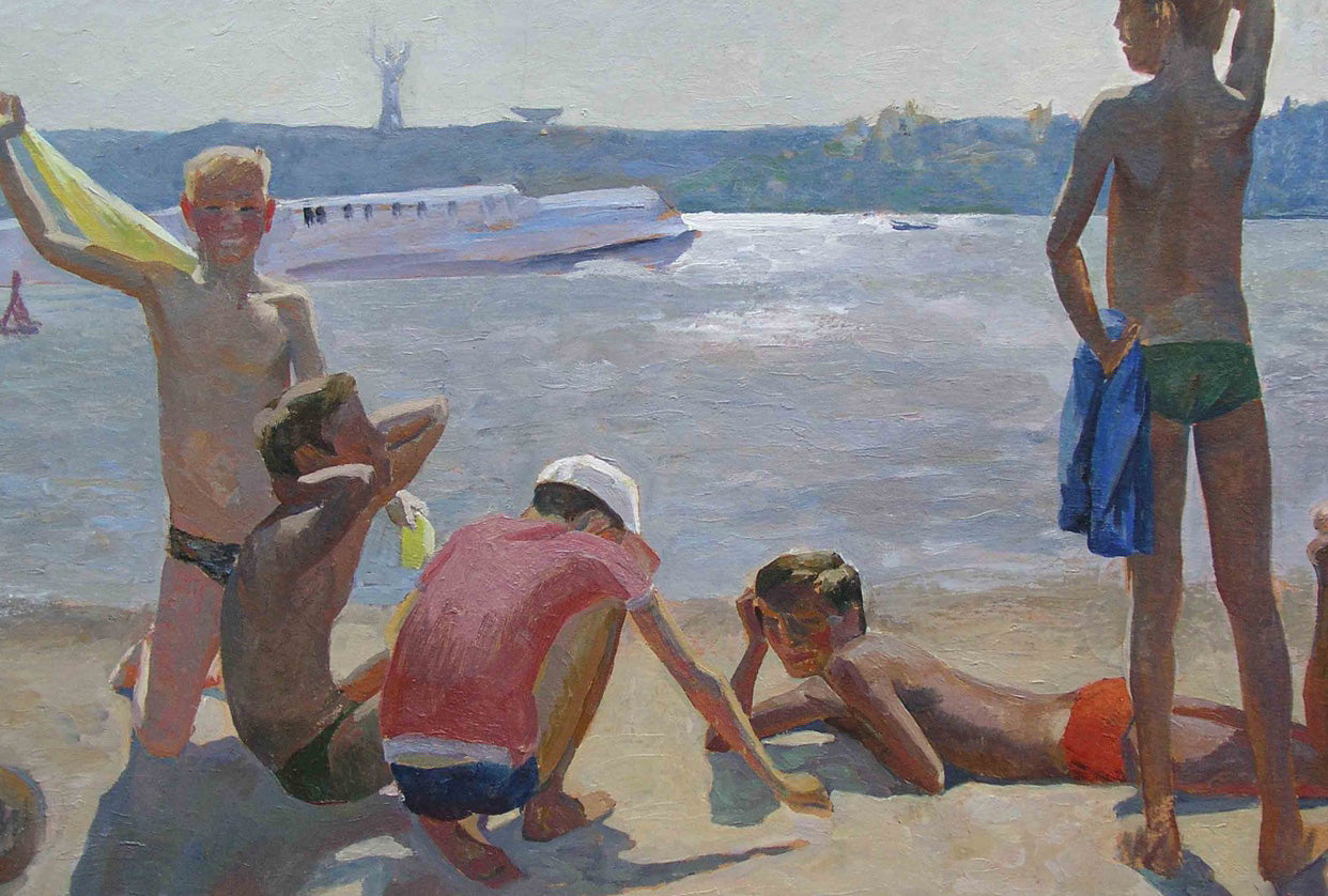 Vibrant oil painting of children playing on Hydropark Chichkan sunlit beach