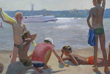 Vibrant oil painting of children playing on Hydropark Chichkan sunlit beach