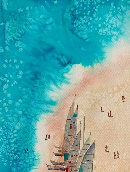 Watercolor painting of Sunny Beach sailboats by Elena Klimenko