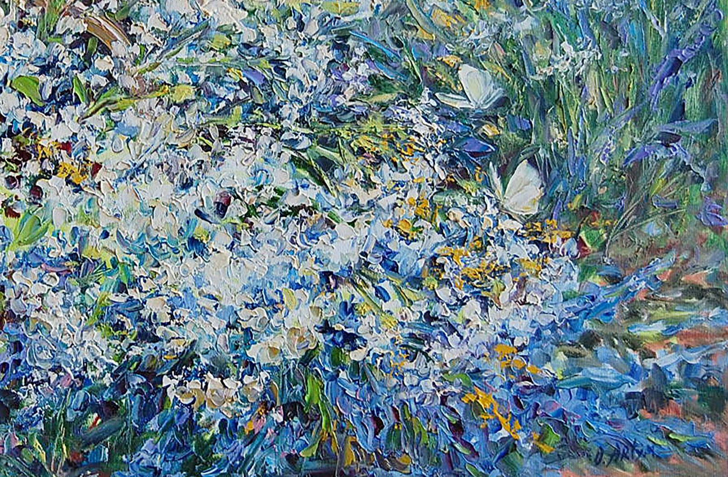 Vibrant impressionist Oil painting Basket of flowers Artim Olga meadow with butterflies