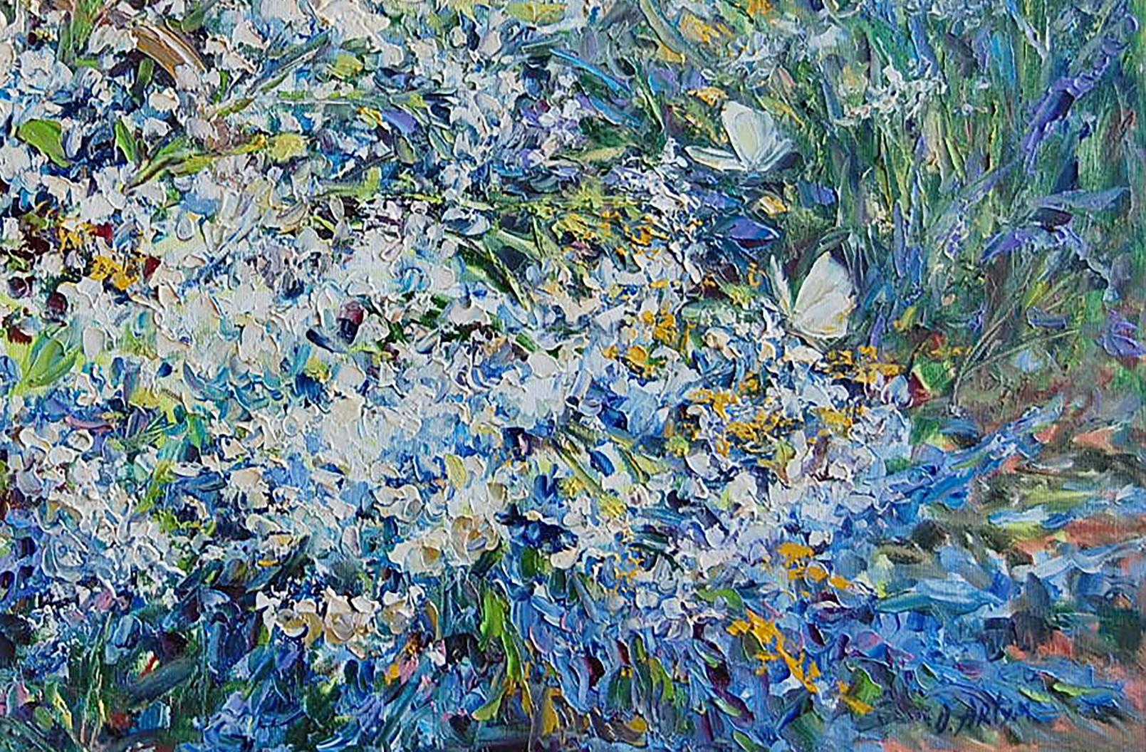 Vibrant impressionist Oil painting Basket of flowers Artim Olga meadow with butterflies