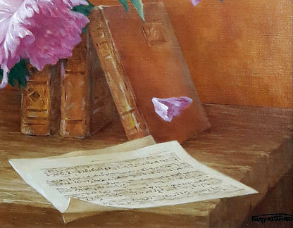 Oil painting of soft pink peony still life by Vasily Korkishko