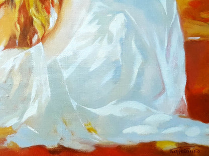 Oil painting of girl in towel by Vasily Korkishko with flowing white fabric