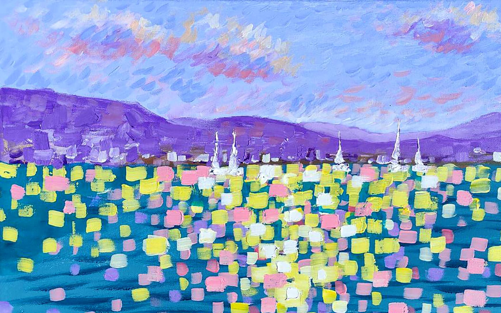 Vibrant Cote dAzur acrylic painting by Elena Klimenko with purple mountains sailboats teal sea