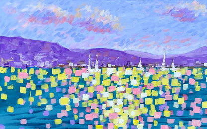 Vibrant Cote dAzur acrylic painting by Elena Klimenko with purple mountains sailboats teal sea