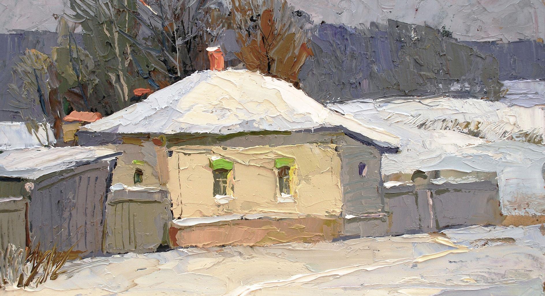 Oil painting of snow-covered beige house by Egor Shvachunov