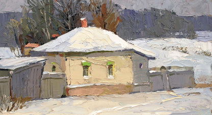 Oil painting of snow-covered beige house by Egor Shvachunov