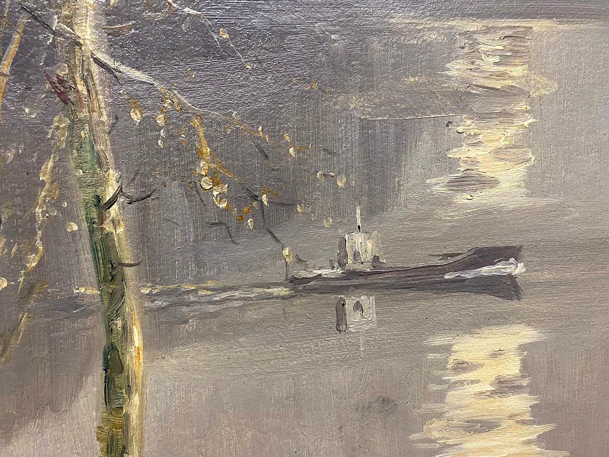 Oil painting On the Lake by Shariy Anatoly Ivanovich: dark boat on gray water