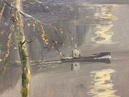 Oil painting On the Lake by Shariy Anatoly Ivanovich: dark boat on gray water