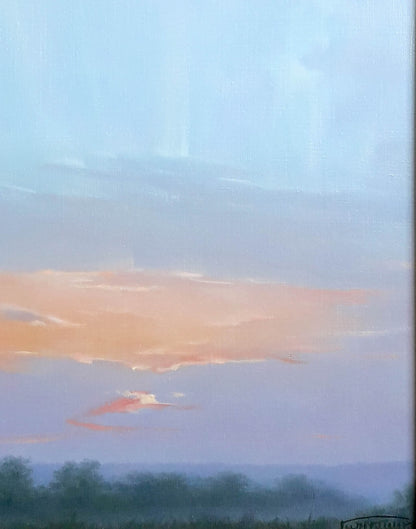 Oil painting Sunrise Korkishko Vasily: pastel sky with orange lavender clouds