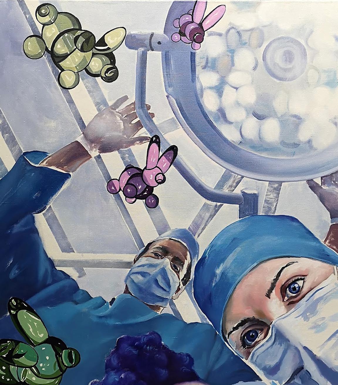 Surreal Igor Konovalov oil painting of surgeons with floating creatures