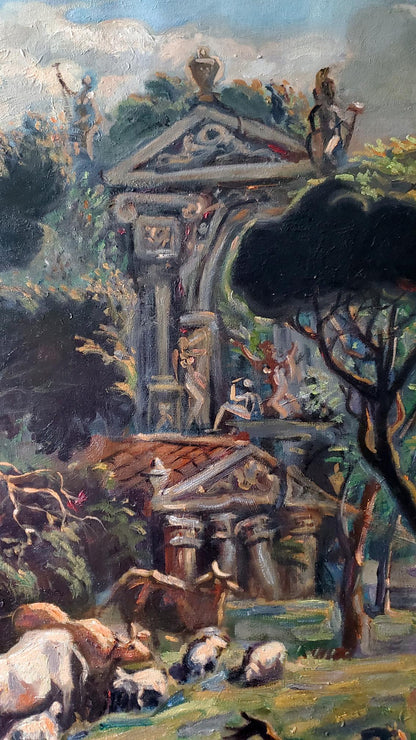 Oil painting Noon in Italy by Litvinov Daniil Olegovich: classical stone temple in lush greenery