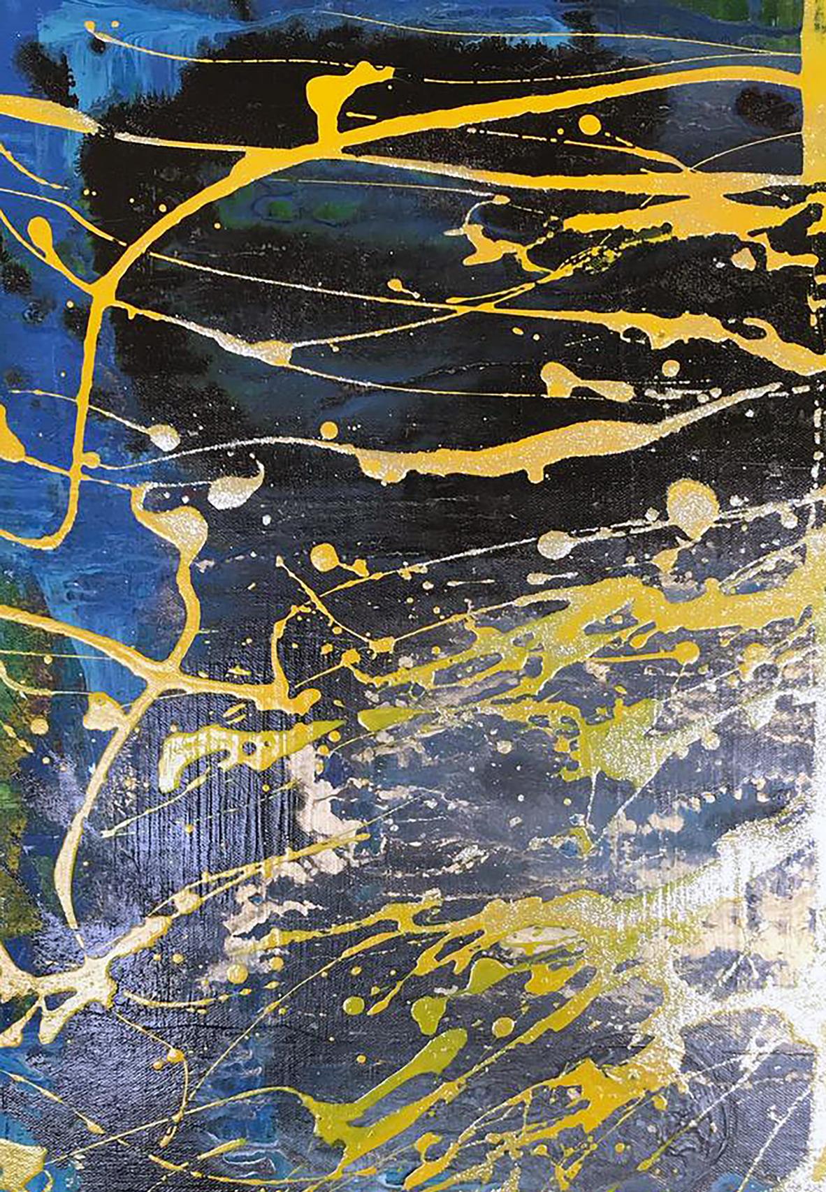 Acrylic painting Shine by Melezhik Olga with yellow splatters on blue black background