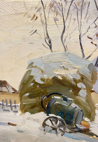 Oil painting of weathered blue barrel on snow by bare trees, early winter