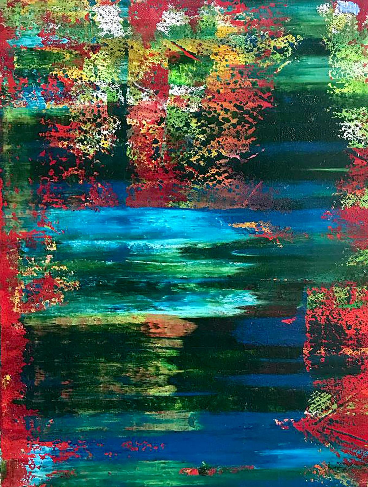 Vibrant Autumn Speed acrylic painting by Melezhik Olga with bold red green blue strokes