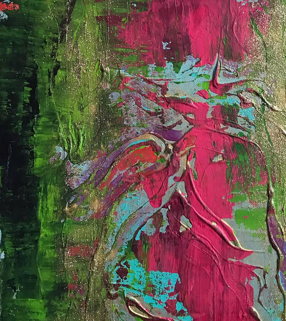 Vibrant luxury beach acrylic painting by Melezhik Olga with magenta, green, teal on gold