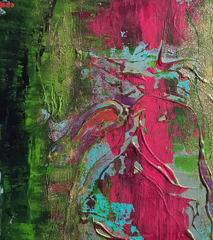 Vibrant luxury beach acrylic painting by Melezhik Olga with magenta, green, teal on gold