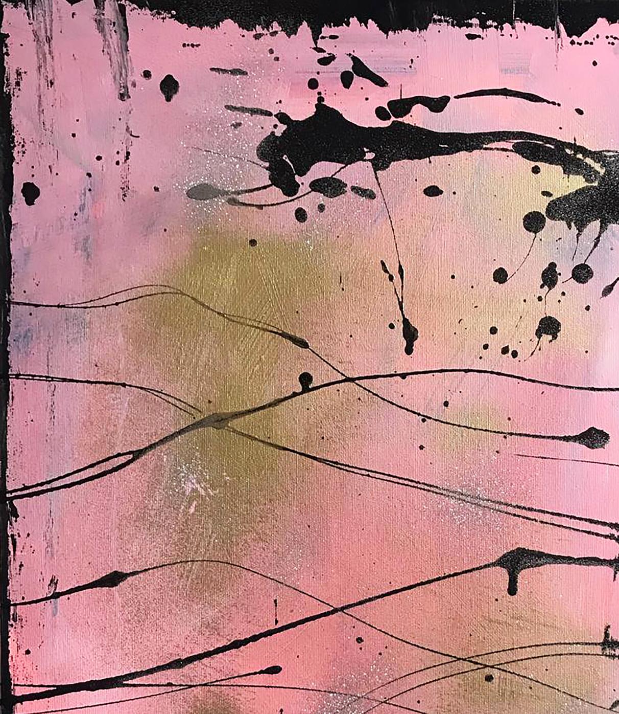 Acrylic painting Tenderness by Olga Melezhik: black splatters on pink-yellow-gold gradient