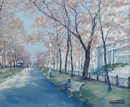 Oil painting of light gray wooden park bench on Yavornytsky Avenue by Korkishko Vasily